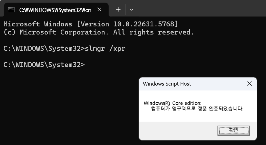 CMD를 통한 정품인증 확인 방법