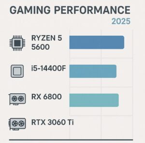 2025년 주요 게이밍 PC 조합의 성능을 비교하는 벤치마크 그래프. 라이젠 5600, 인텔 i5-14400F, RX 6800, RTX 3060 Ti의 게임 성능을 시각적으로 보여줌