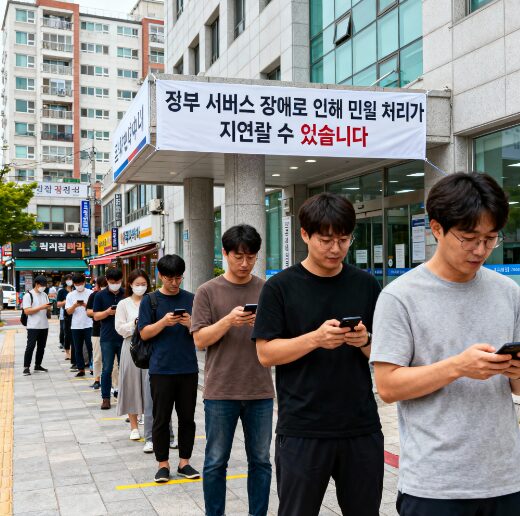 정부 서비스 장애 안내문 앞에서 민원 해결을 위해 시민들이 주민센터에 대기하는 모습