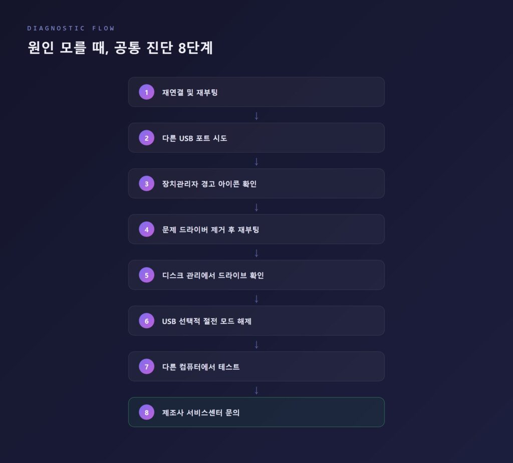 USB 인식 문제 공통 진단 8단계 순서를 정리한 플로우차트