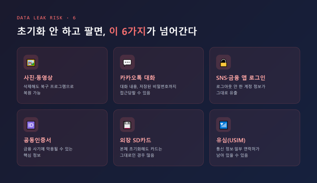 초기화 없이 중고폰을 팔았을 때 유출되는 정보 6가지(사진·동영상, 카카오톡 대화, SNS/금융 앱 로그인, 공동인증서, SD카드, 유심)를 아이콘과 함께 배열한 인포그래픽