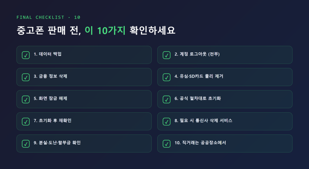 중고폰 판매 전 체크리스트 10단계를 체크박스 형태로 정리한 세로형 카드 이미지