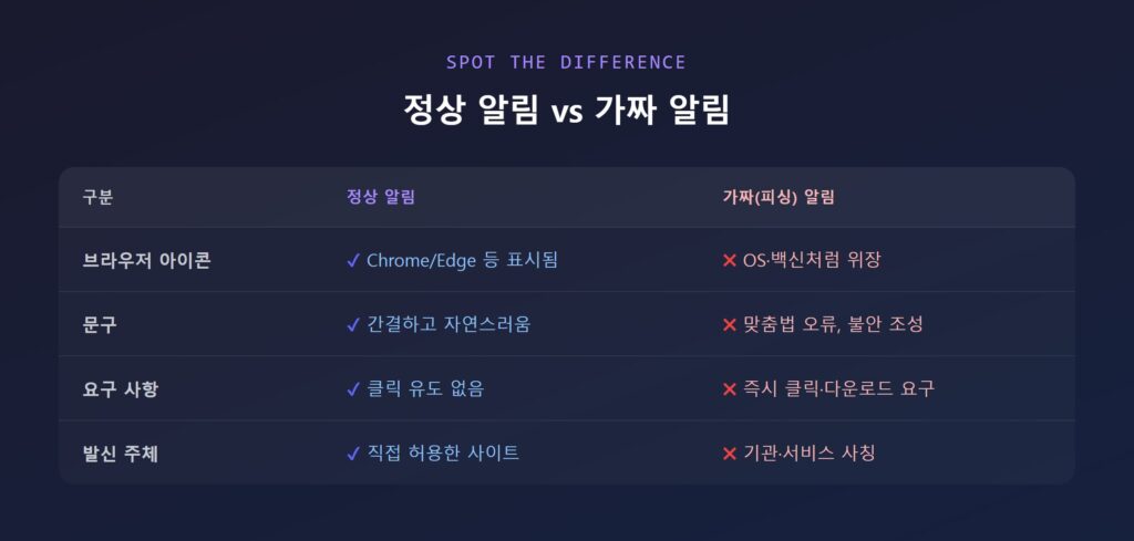 브라우저 아이콘이 표시된 정상 알림과 기관·서비스를 사칭한 가짜 보안 경고 알림을 나란히 비교한 예시 이미지